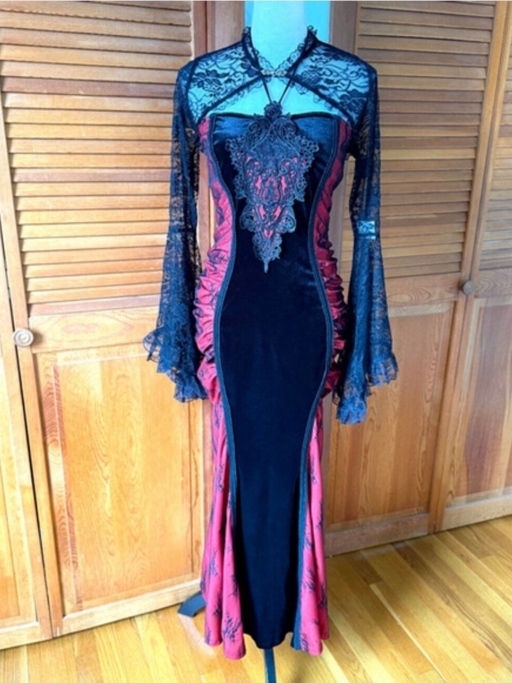 Black and Burgundy Lace-Detail Long Lacy Sleeve Dark Vampire Evening Gown